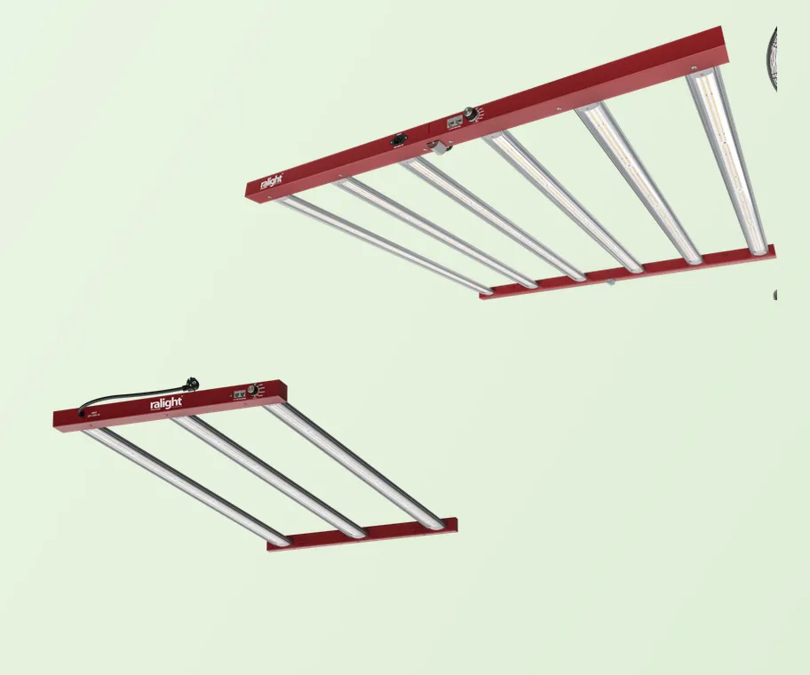 Twee Ralight LED-kweeklampen op een lichtgroene achtergrond.