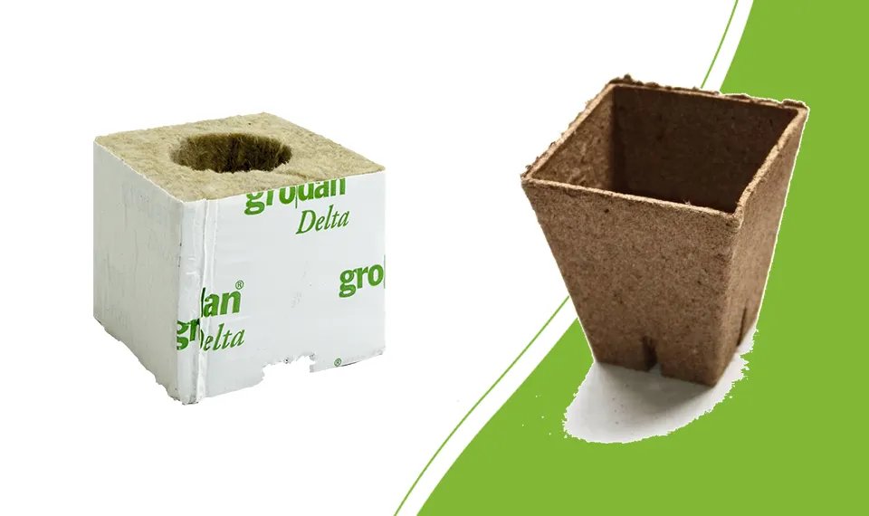 Grodan starter block next to a Jiffy peat pot