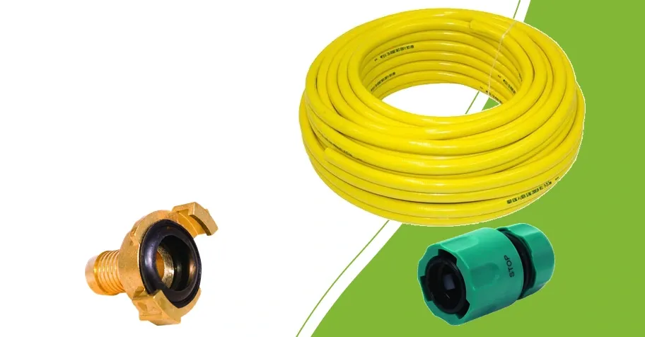 Coiled yellow hose with separate hose tail and plastic connector