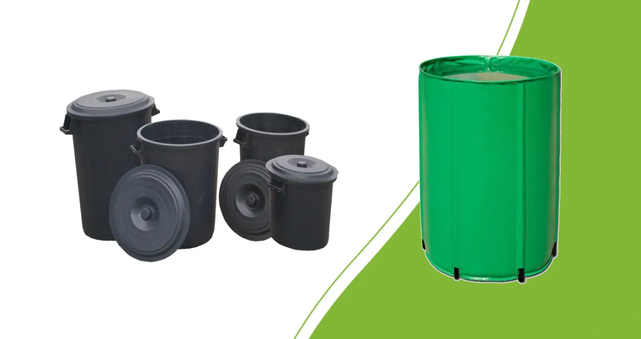 Round black water tanks with lids and a collapsible Aquaking tank