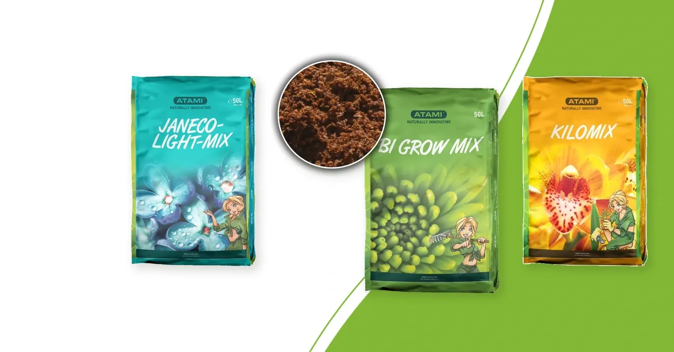 Atami Janeco Lightmix, Bi Grow Mix and Kilomix in 50 litre bags on a green background