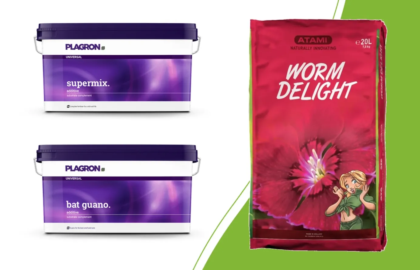 Plagron Supermix and Bat Guano in 10 litre buckets beside a 20 litre bag of Atami Worm Delight