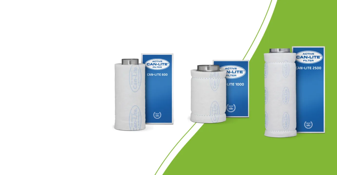 Can Lite 600, 1000 and 2500 carbon filters with original packaging on a green background