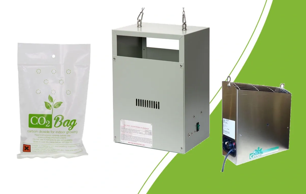 CO2 Bag alongside an Autopilot CO2 generator and a Biogreen CO2 generator