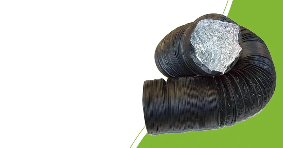 Combi Connect ducting with a black outer jacket and aluminium inner surface on a green background