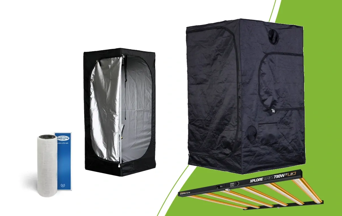 Mammoth Lite 60 and Pro 120 tents with DimLux Xplore LED and CAN Lite carbon filter