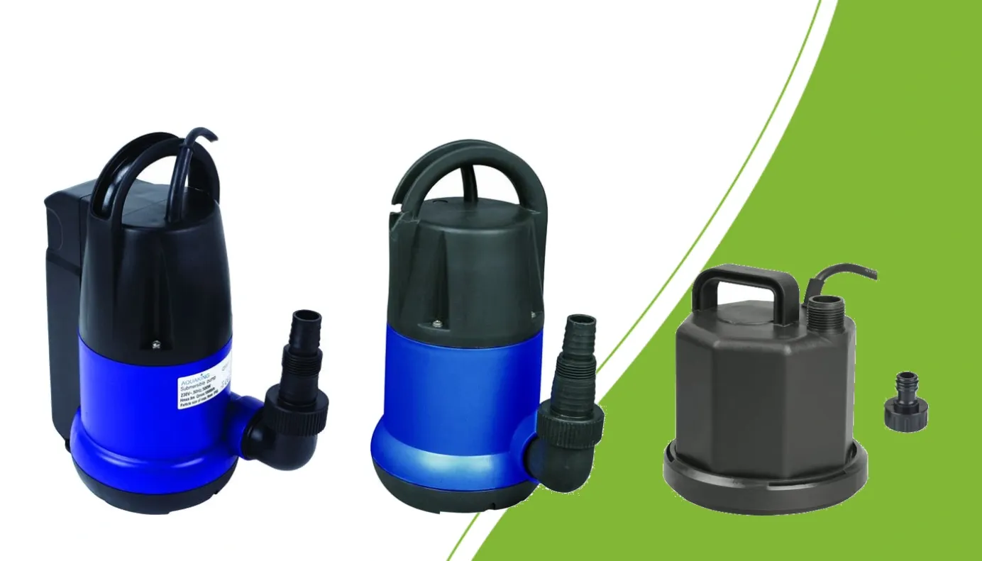 AquaKing Q50011 and Q5503 submersible pumps beside the compact Q2001 low-level pump with separate hose fitting
