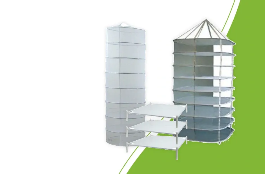 60 cm round drying net, 80 × 80 cm square drying net and stackable 71 × 71 cm drying racks