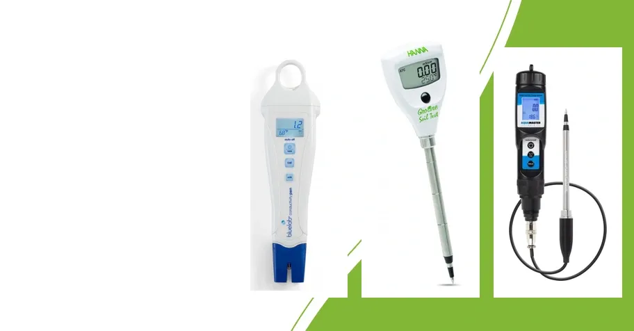 Bluelab EC Pen for nutrient solution, Hanna HI98331 soil tester and Aqua Master Tools E300 Pro with separate substrate probe