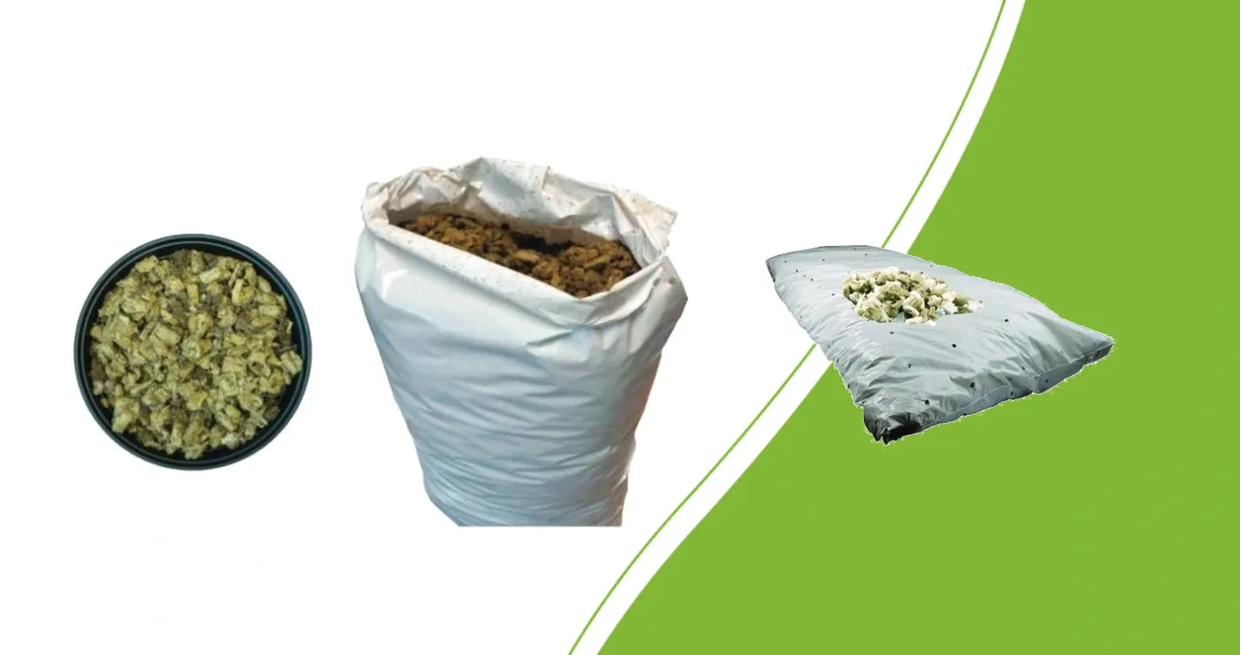 Cultilene Mapito in a bag and pot beside an Agra-Wool RFX-1 bag with loose growing medium