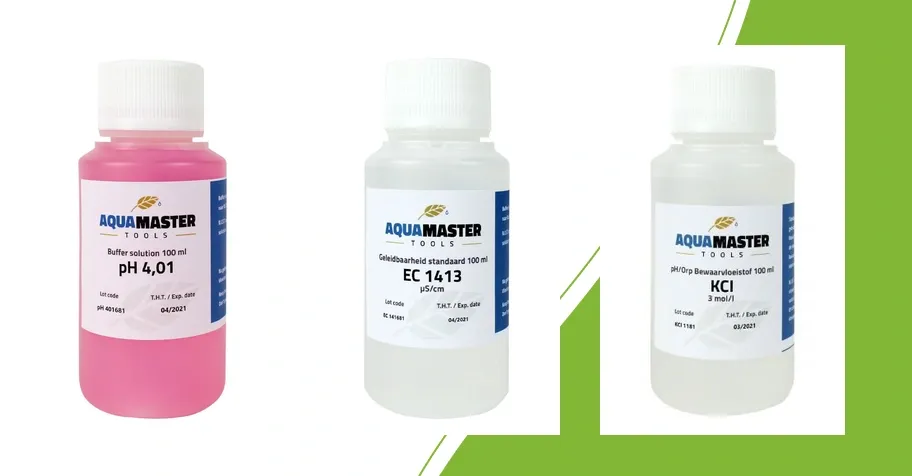 Aqua Master Tools pH 4.01 buffer, EC 1413 calibration solution and KCl storage solution for three different purposes
