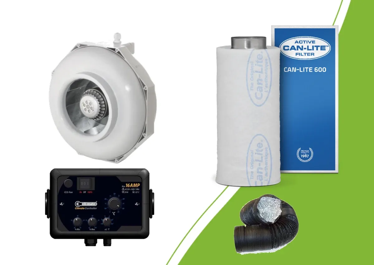 Separate inline fan, Can-Lite carbon filter, Cli-mate controller and Combiconnect ducting