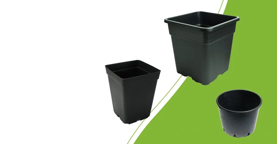Square and round black Fertraso plant pots on a green category background