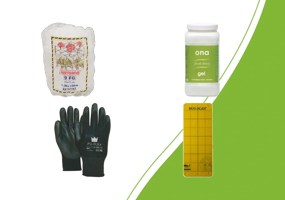 Hortonova support netting, ONA gel, PU-flex gloves and yellow sticky trap