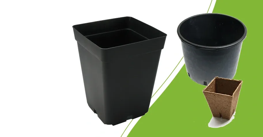Square plastic pot, round plant pot and Jiffy peat pot on green