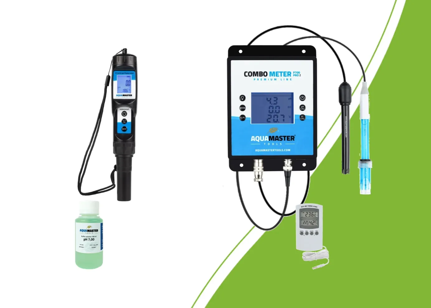 Aqua Master Tools P110 Pro and P700 Pro2, pH calibration solution and thermo-hygrometer