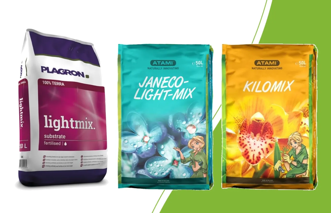 50 litre bags of Plagron Lightmix with perlite, Atami Janeco Lightmix and Atami Kilomix