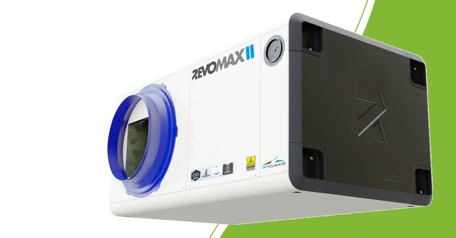 RevoMax II climate unit with blue air flange and white-grey housing