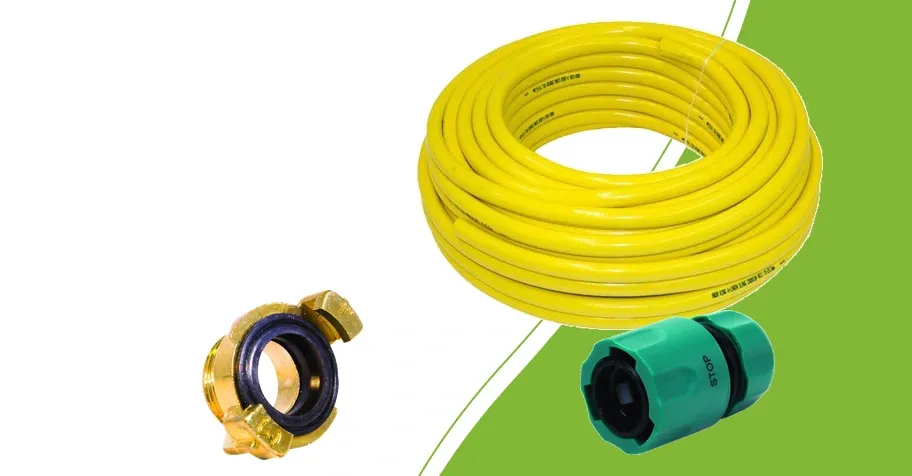 Yellow garden hose with separate brass claw coupling and green plastic connector