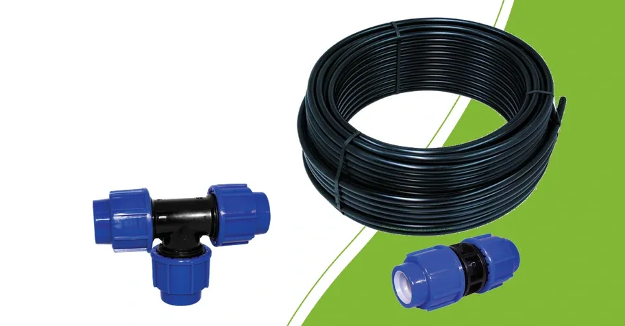 Coiled PE pipe with a 25 mm tee and straight coupling