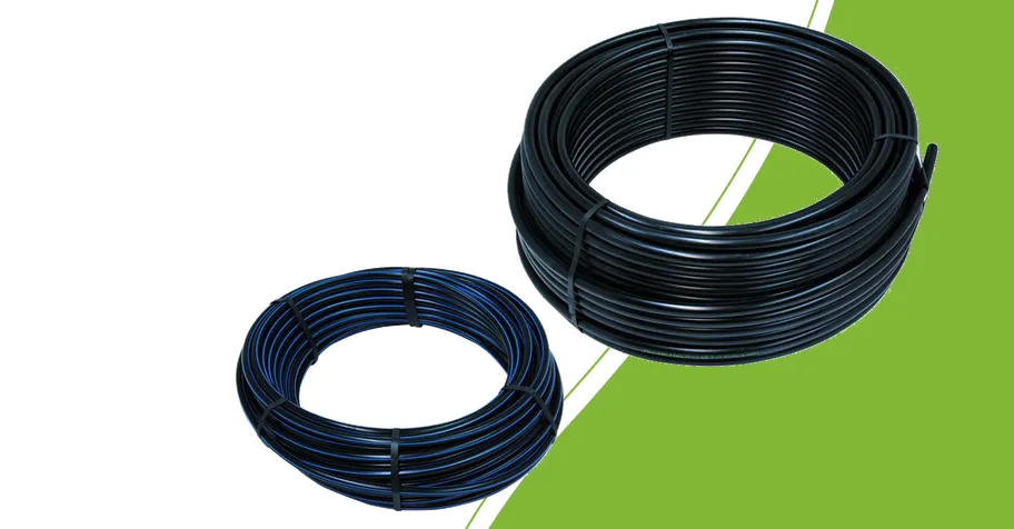 Black 25 mm PE pipe coil and 16 mm HDPE pipe with blue marking