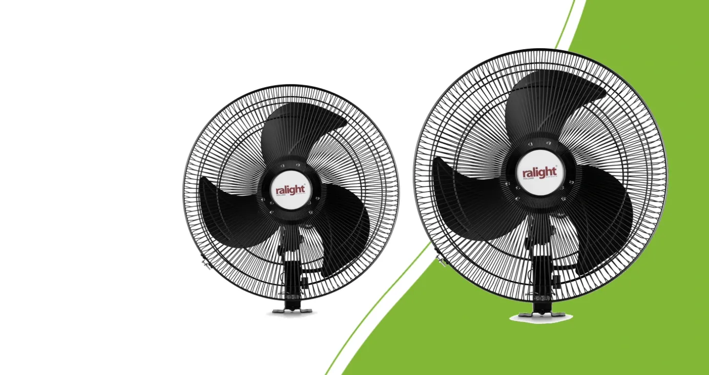 Ralight 45 and 50 cm wall fans with protective grilles and mounting brackets