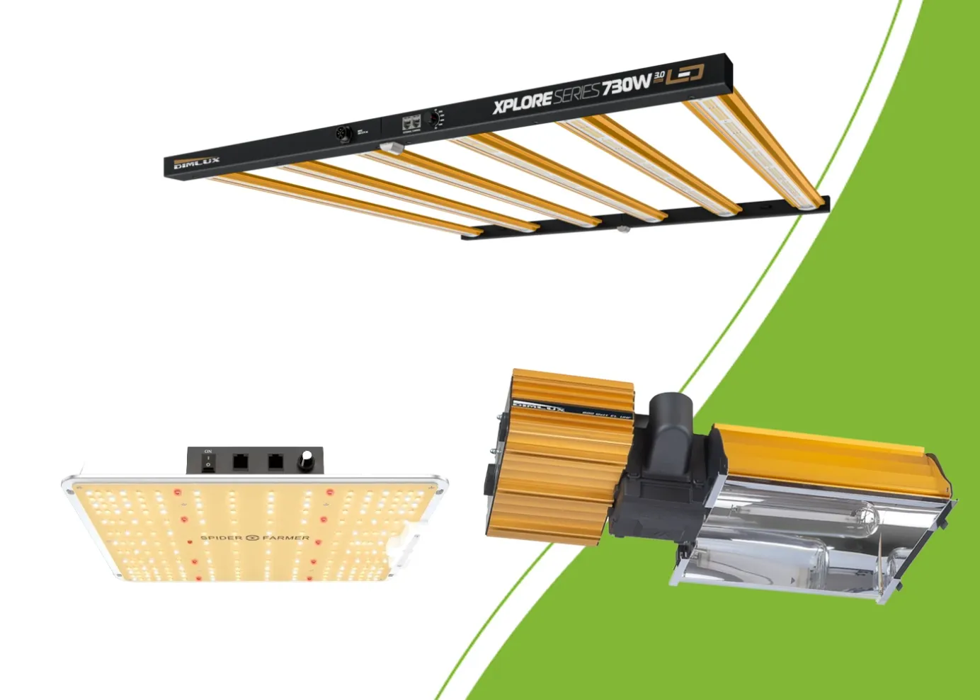 DimLux LED, Spider Farmer SF-1000 and a DimLux HPS fixture