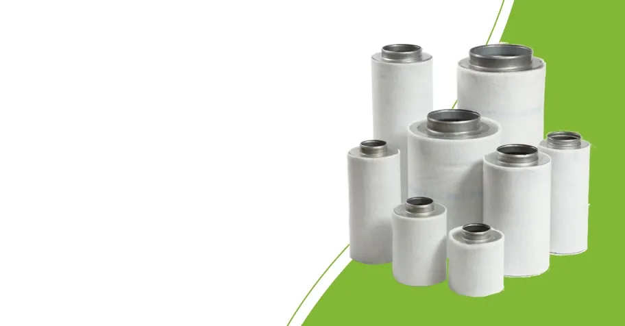 Wilco carbon filter family with metal flanges and white pre-filter sleeves