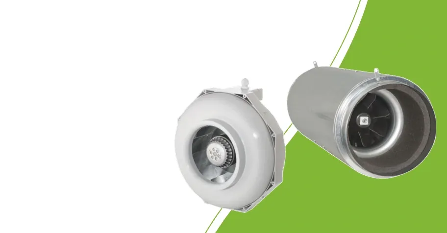 Can-Fan RK 125 L and Iso-Max 250 inline duct fans side by side on a green background