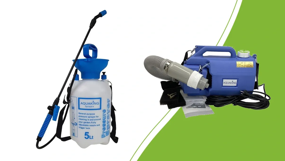 Aquaking pressure sprayer with lance and electric Fogger with flexible hose