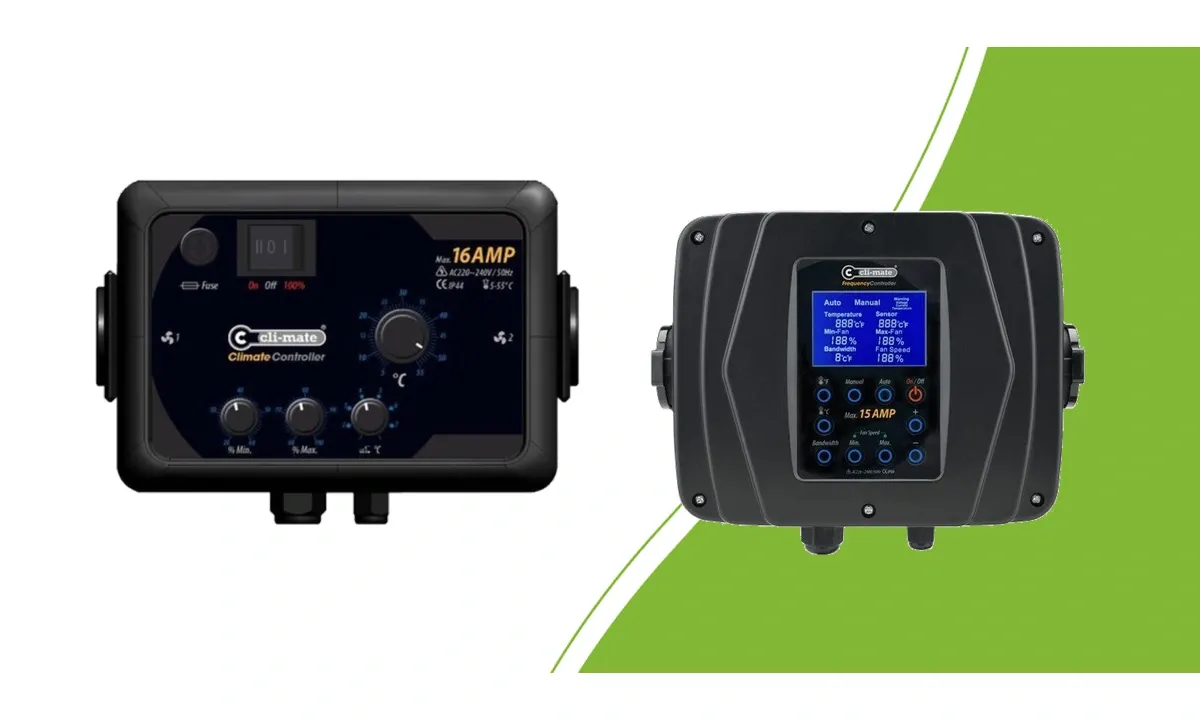 Cli-mate 16A temperature controller beside a 15A frequency controller