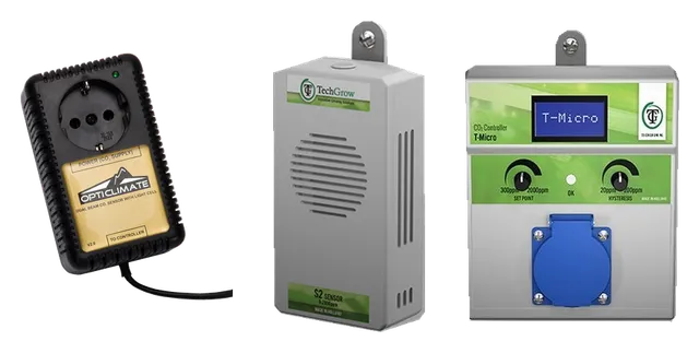 Product selection for CO2 meters: Dimlux, CO2 sensor 10m; Techgrow losse CO2 sensor, S-2; Techgrow micro CO2 controller (excl. sensor)