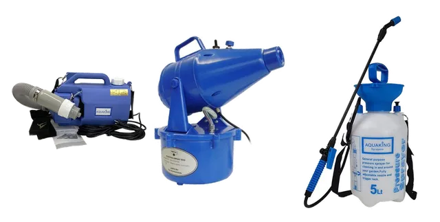 Product selection for Pressure sprayers & misters: Aquaking Fogger, elektrische vernevelaar; ECO Elektrische sproeier / vernevelaar 4ltr. (blauw); Aquaking hogedrukspuit 5 ltr.