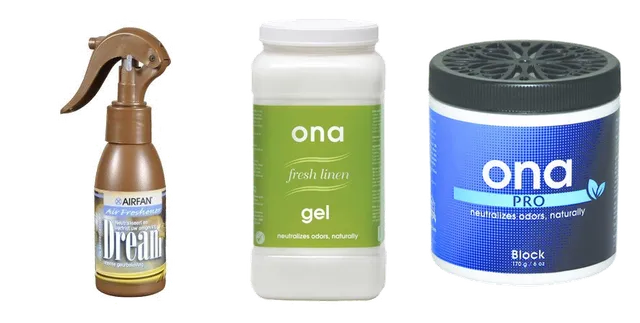 Product selection for Odour control: Airfan | Dream | Air Freshener | Geurbestrijding | Spray 100ml; ONA; Fresh Linen GEL 3 liter; Ona Block PRO 170gr