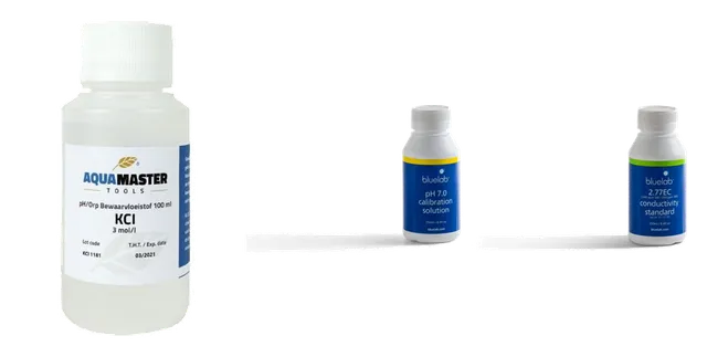 Product selection for Calibration solutions: Bewaarvloeistof KCI 3 mol-l, 100 ml; Bluelab ijkvloeistof set 3x 250ml; Bluelab ijkvloeistof, EC 2,77 250ml