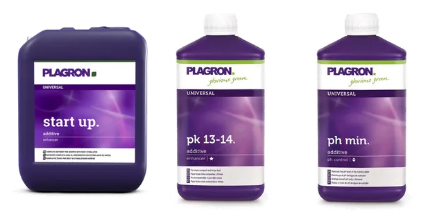 Product selection for Plagron nutrients: Plagron | Start up | Wortelstimulant | 5 ltr; Plagron | PK 13/14 | Plant Booster | 1 ltr; Plagron PH min (59%) 1 ltr