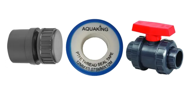 Product selection for PVC pipes & fittings: PVC einddop met schroefdraad 32mm; Teflontape per rol; PVC Kogelkraan 32mm
