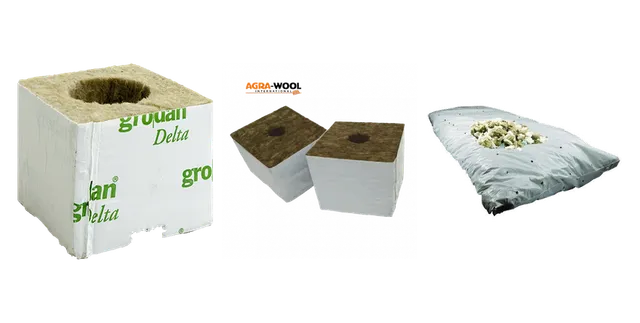 Product selection for Rockwool growing media: Grodan | Startblok Groot Gat | 38mm gat | 7,5x7,5x6,5cm | per stuk; Agra Wool | Startblokken | 28mm Gat | 224stuks | 7,5x7,5x6,5cm; Agra-Wool RFX-1, 240 liter mapito per doos (3 zakken a 80 ltr)