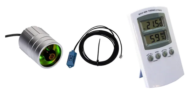 Product selection for Thermo-hygrometers: Dimlux | Plant Temperatuur Camera | Analoog | 10m kabel; Dimlux | RH-sensor | 10m | Luchtvochtigheidssensor; Thermo- Hygrometer digitaal
