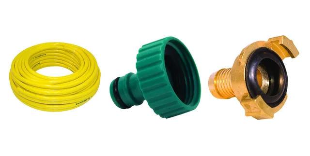Product selection for Garden hoses & fittings: Gele slang 25mm per meter; Kunststof insteekkoppeling 1" binnendraad; Messing 1" Slangtule