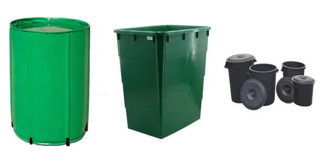 Product selection for Water tanks: Aquaking opvouwbaar vat 100 ltr; Watervat rechthoekig groen 200 ltr. (incl. deksel); Watervat ronde ton zwart 120 ltr. (incl. deksel)