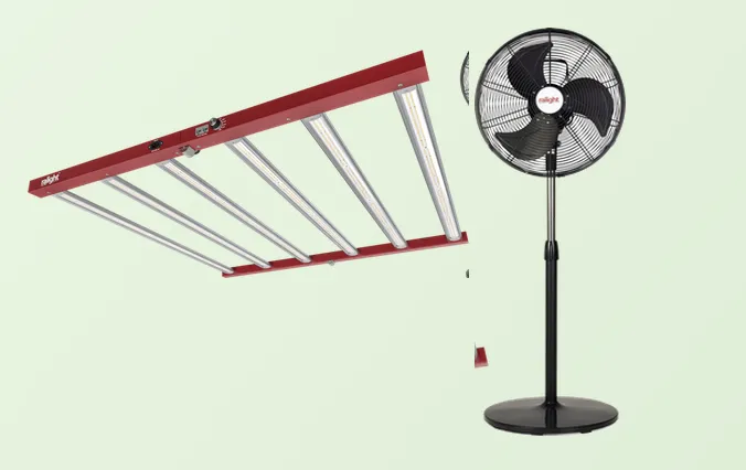 Ralight LED-kweeklamp en staande ventilator.