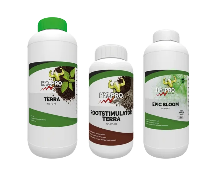 Hy-Pro Terra base nutrients, Terra Rootstimulator and Epic Bloom