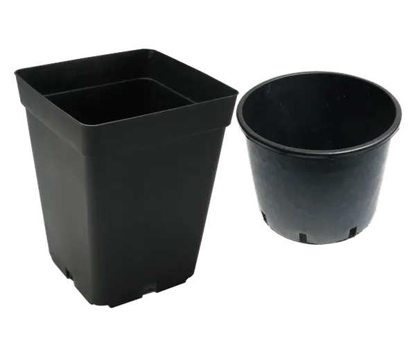 Square and round black plastic plant pots