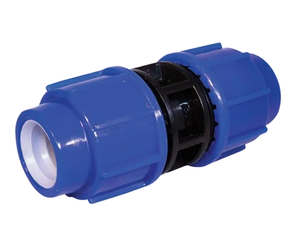 Straight 25 mm PE coupling with blue compression nuts